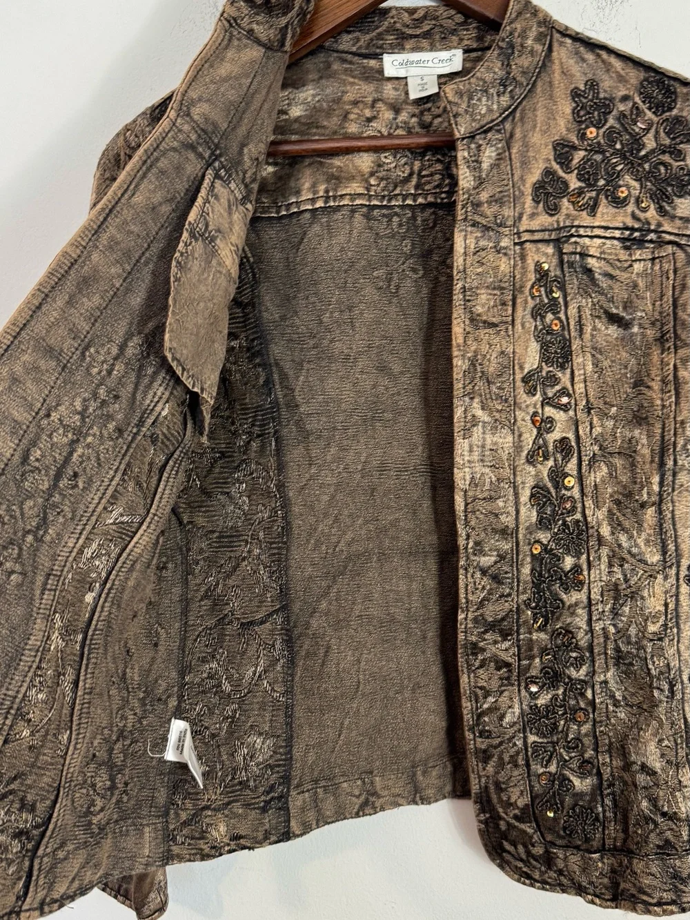 Coldwater Creek Bronze Embroidered Embellished Open Jacket Small